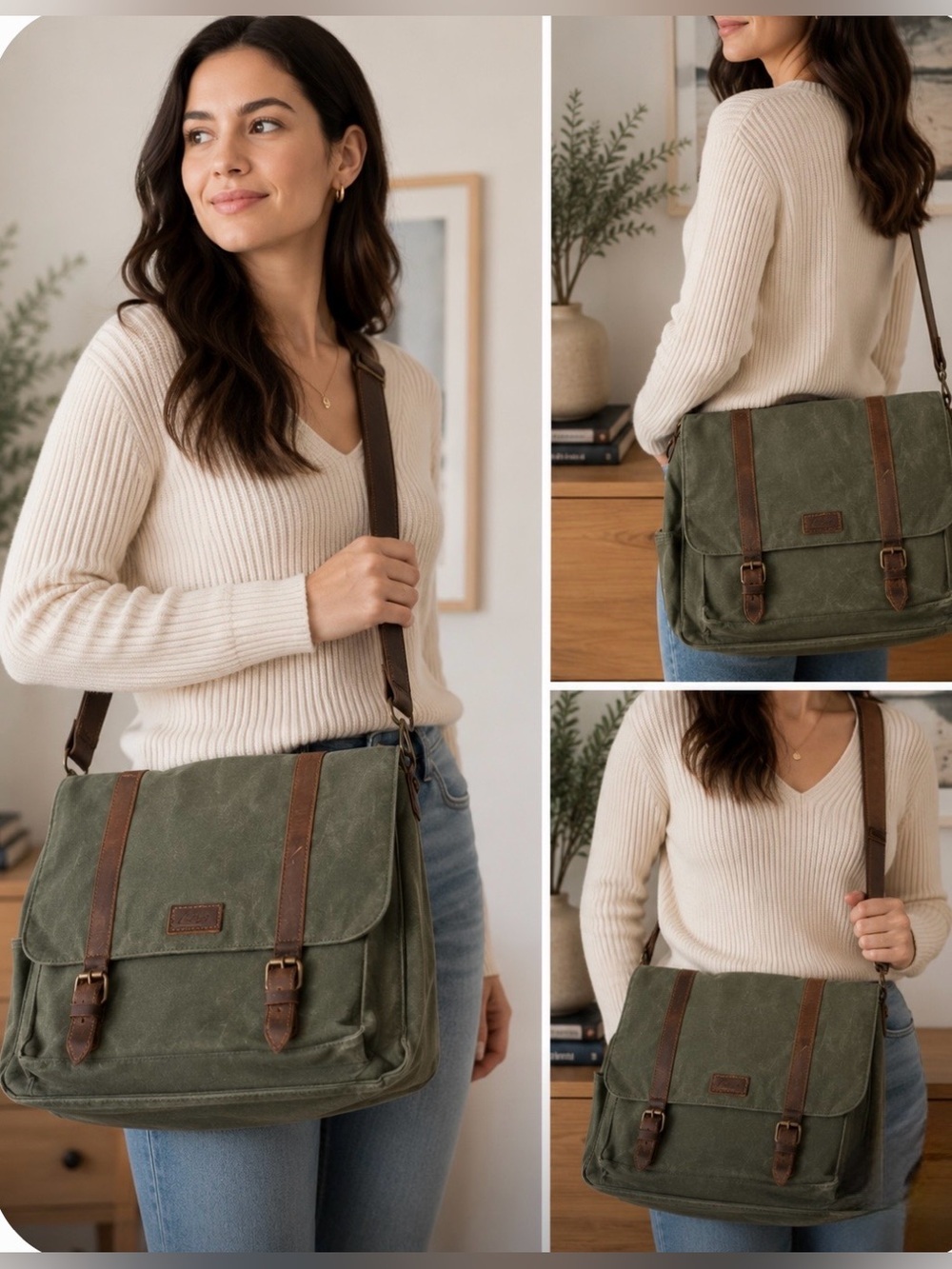 Greenish Messenger Bag with brown leather straps
